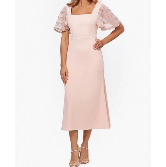 Betsy & Adam Dresses & Skirts - Betsy & AdamSquare Neck Beaded Flutter Short Sleeve Midi Dress Size 10, Blush